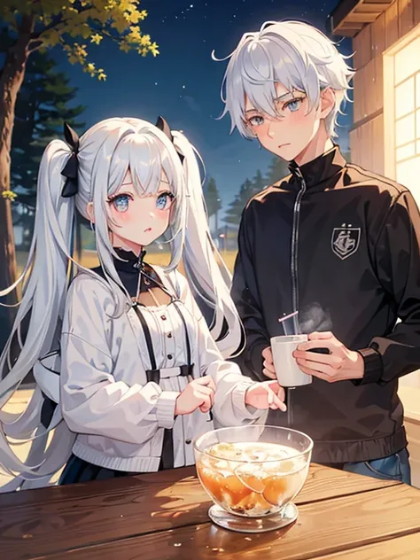 boy and girl,couple, girl platinum white hair color, girl twin tails, Girl&#39;s eye color light blue,女の子cute,女の子blush,girl drinking drink,boy red hair color,Boy Mash,Boy Handsome,boy is smoking,boy eye color blue, cute, blush,autumn&#39;s, campsite, bonfi...