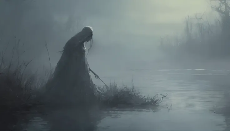 pale demon woman crawling out the water in a foggy marsh, horror movie, cinematic look, creepy aesthetic, ultra detailed, photorealistic, masterpiece.