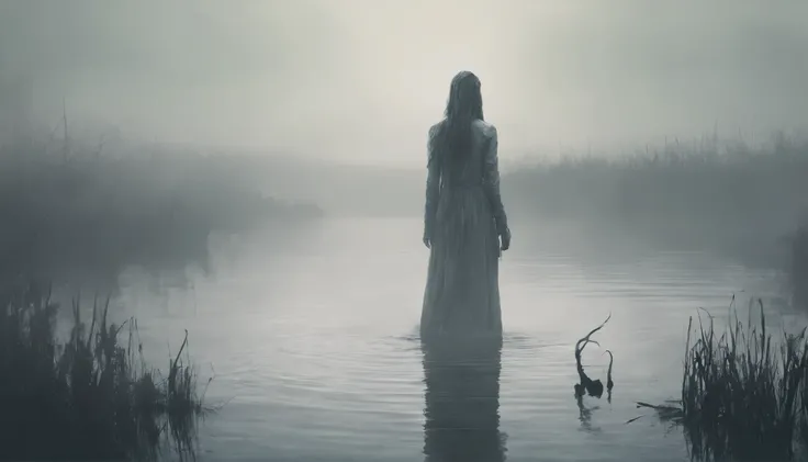 pale demon woman crawling out the water in a foggy marsh, horror movie, cinematic look, creepy aesthetic, ultra detailed, photorealistic, masterpiece.