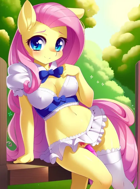 ((derpibooru_p_95)), fluttershy, solo, anthro,((best quality)), ((highly detailed)), masterpiece, (detailed eyes, deep eyes), (1girl), dynamic angle, cowboy shot, mlpfluttershy, pink hair, hair ornament, blue eyes, slight smile, yellow fur, anthro, mlp fur...