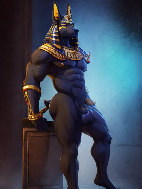 Anubis but as a cuntboy standing nude.