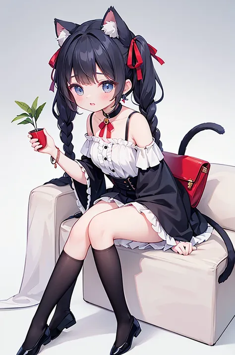 1 girl, catwoman, cat ears, cat tail, Anal tail, sitting, Chair, side ponytail, One side facing up, skirt, white skirt, flower, black hair, 蓝色shoe类, alone, gray background, blue eyes, Bangs, Keep your mouth shut, bell, shoe, blush, hair ring, short sleeves...