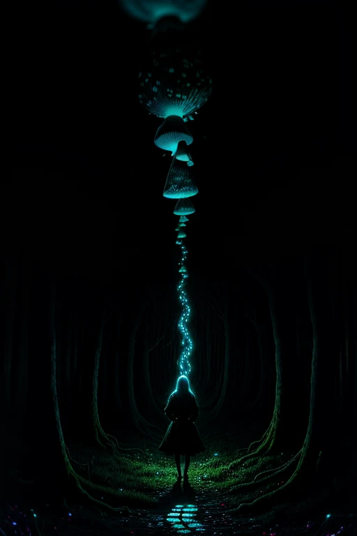 In the dimly lit landscape of Junji Itos horror world, a solitary girl wanders through a forest of bioluminescent mushrooms. The shadows are intricately detailed, with veins that crisscross the forest floor like a complex network of capillaries. The mushro...