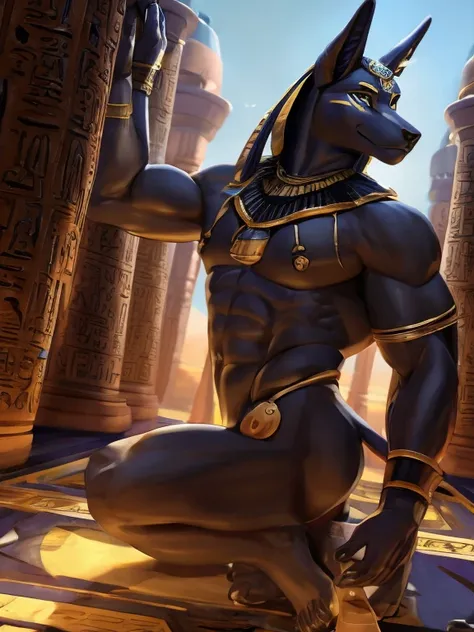 anubis nude faceing away from the player with a small bit of cum dripping from his his ass, alone overlooking an all male harem ...