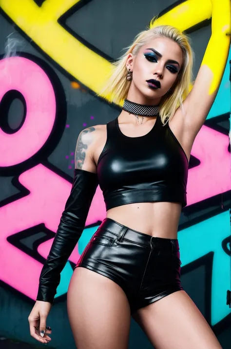 (realistic,photography:1.2),slim sexy punk woman,techno aesthetic,techno fashion,festival outfit,tight Crop Top,tight hotpants,blonde hair,black make up,close-up,full body shot,graffiti background,neon lights,subtle smoke effects,vibrant colors,edgy pose,c...