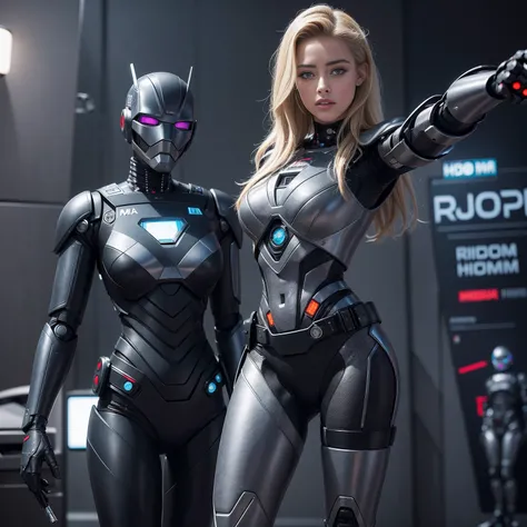 (Ultra High Definition Image Fidelity :1.2),Realista,alta calidad, movie light,  cuerpo completo, AMBER HEARD, 28 years, preciosa mujer rubia europea, (se para frente a ROBOCOP de guerra gigante:1.3)，ella viste pantalones cortos rojos y chaqueta negra, fli...