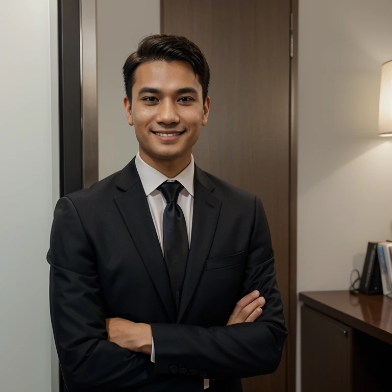 Man, Office, profile pic, formal suit, look at the camera, smile, neat haircut, Malaysia, facing the camera, Arms crossed in front of the chest, detailed finger