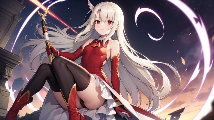 Illyasviel von Einzbern, blonde hair, hair between eyes, long hair, (red eyes:1.5),cool girl boots, Detached sleeves, Gloves，dress，(beautiful and delicate eyes)，fortune god，The Immortal Title of Fortune，lightsabers，time domain，There is a time circle in the...