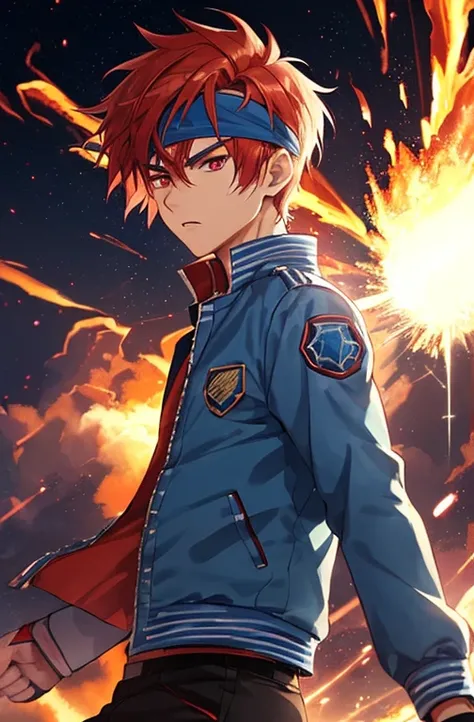 1 boy (solo), 18 years old, Anime character, male focus, anime man wearing a blue jacket, blue triangular stripes headband, short hair and bangs, light red hair and red eyes, serious, angle of skew, laghing out loud, fire smash, lens flare, universe in the...