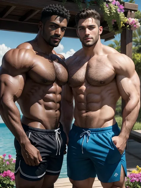 8k，8K resolution，2 Muscular Europeans, handsome man，charming eyes，blue eyes，dark skin,beautiful, smooth and shiny，Full pectoral muscles，Thick body hair，naked， (sweat shorts)，big bag，emphasize，Two men standing among flowers，gaze lovingly，best quality，profes...