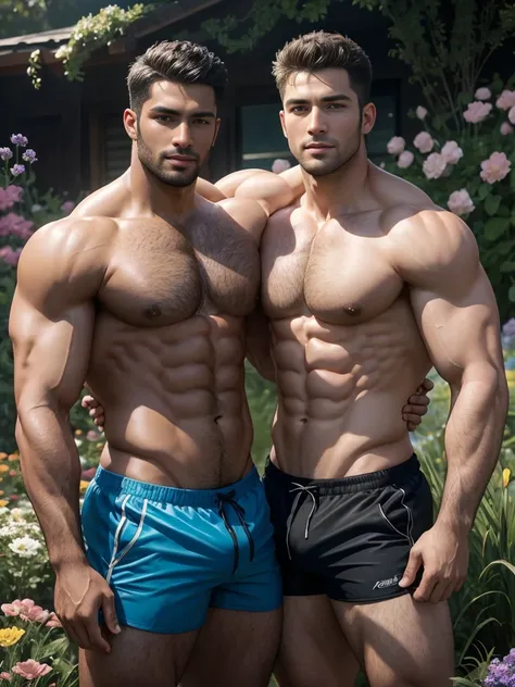 8k，8K resolution，2 Muscular Europeans, handsome man，charming eyes，blue eyes，dark skin,beautiful, smooth and shiny，Full pectoral muscles，Thick body hair，naked， (Super slim sports shorts)，big bag，emphasize，Two men standing among flowers，gaze lovingly，best qu...