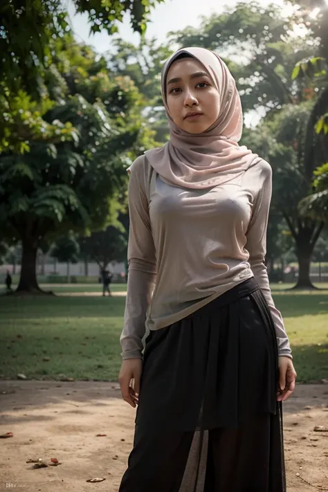 1girl in, indonesian hijab muslim, 19 years old, natural make up, a slight smile, narrow hip, medium breast, 154cm high, see through clothes, candid poses on the park, blow by the wind, volumetric light direct to her, photogenic, insane details, profesiona...