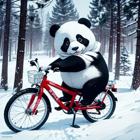 masterpiece, top quality, 4K UHD,
Giant panda, riding, bicycle, in the snow,
winter landscape, snow-covered trees, icy ground,
panda holding handlebars, wearing red scarf,
snowflakes gently falling around,
pandas black and white fur contrasting with the wh...