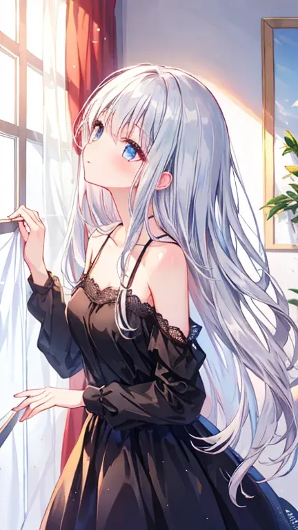 pretty girl, black dress, open shoulder, Lace skirt, silver hair, From the side, long hair, look up,  window, curtain, sunlight, shiny hair