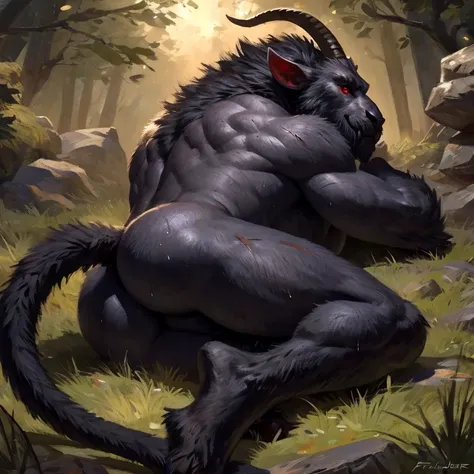 Krampus. solo. Black fur, big gray testicles. Scars in some parts Including the butt. Sweaty. looking at me with an comfortable look, Red eyes. Placid smile. Sweaty, full body image, Taran Fiddler style, medium shading. Giving back. Lying so that their big...