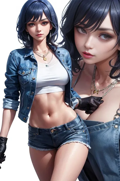 master piece，8K，Highly detailed perfect face，HDR，Ultra-realistic photography，absurd，award winning photos，very detailed，amazing，finely，
KazAsuka，A woman who says，blue crop top top，，Denim jacket and shorts，with short black hair，mixed combat gloves，posed for ...