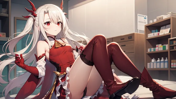 illyasviel von einzbern, blonde hair, hair between eyes, long hair, (red eyes:1.5),cool girl boots, detached sleeves, red gloves...