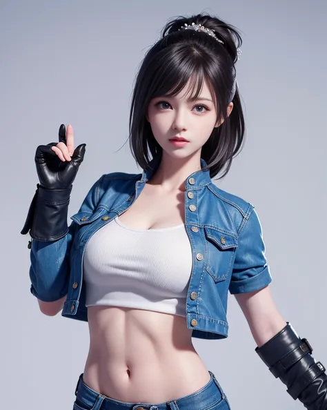 master piece，8K，Highly detailed perfect face，HDR，Ultra-realistic photography，absurd，award winning photos，very detailed，amazing，finely，
KazAsuka，A woman who says，blue crop top top，，Denim jacket and shorts，with short black hair，mixed combat gloves，posed for ...