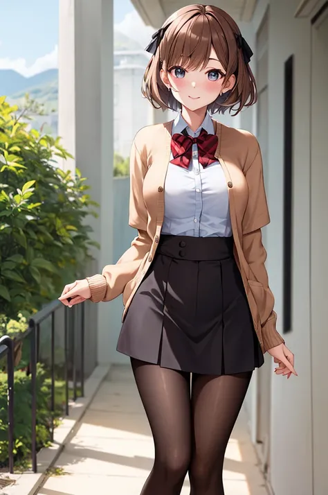 masterpiece, best quality, highres, aalatooni, short hair, pantyhose, hair bow, shirt, cardigan, high-waist skirt, standing