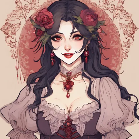 Anime vampire woman, Fujimoto art style, victorian era, otherwordly, esoteric nature, strangely happy, vampire, vampire fang smile, gleeful laugh, head tilted, reality is stranger than fiction, slightly unsettling, eyeshadow,