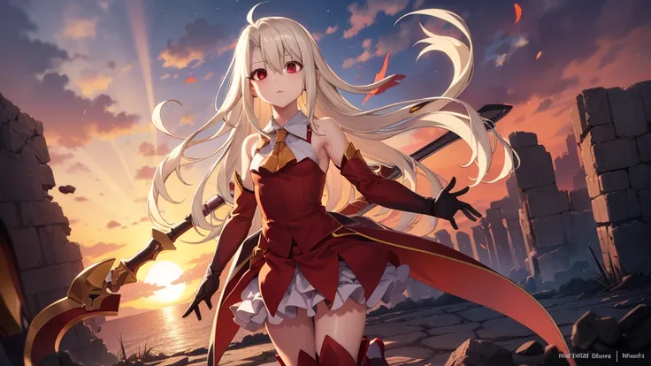 Illyasviel von Einzbern, blonde hair, hair between eyes, long hair, (red eyes:1.5),cool girl boots, Detached sleeves, red gloves，Red skirt，(beautiful and delicate eyes)，Fiery Greataxe，Shining Lion King，Red sun breaks spirit，The ruins of the sky