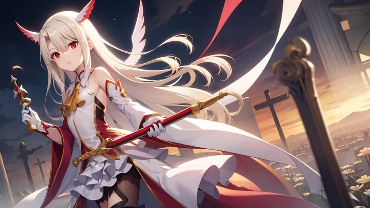 Illyasviel von Einzbern, blonde hair, hair between eyes, long hair, (red eyes:1.5),cool girl boots, Detached sleeves, White gloves，white skirt，(beautiful and delicate eyes)，Ancestor of ancestors，Ancestor God Destroyed，Countless reincarnations，God&#39;s Uni...