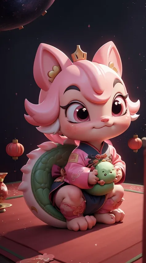 Q version，Cute baby dragon，Chinese style，Pink space，Festive atmosphere