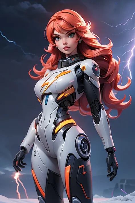 a redhead girl, solo, (hyperdetailed cyborg woman:1.3), sexy, round lips, long wavy hair, (perfect figure:1.2), on a snow - covered planet, post apocalyptic landscape, posing, cinematic lighting, glowing light, (((a lot of electrical lightning around))), (...