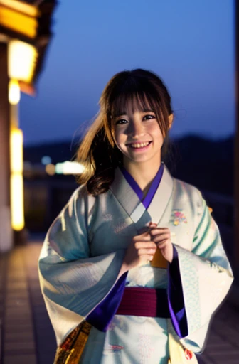 highest quality, soft light, ultra high resolution, (realistic:1.4), full_body,RAW photo, 1 Japanese girl,cute,Yukata sleeves、Kimono sleeve,night sky,smile