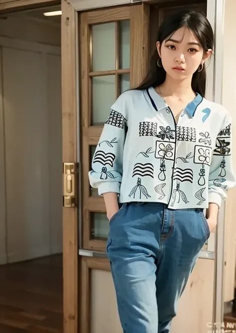 a woman standing in front of a door wearing a blue shirt and jeans, patterned clothing, cropped shirt with jacket, cartoonish style, shirt, casual clothing style, casual modern clothing, 2 0 2 0 fashion, korean womens fashion model, modern casual clothing,...