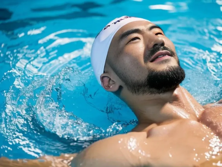 full body image of a japanese man、male student、male swimming club member、male lifesaver、men&#39;s water polo player、shaved head ...