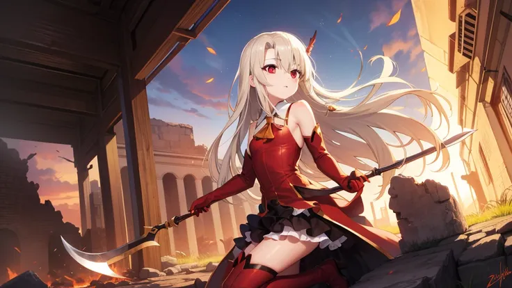 Illyasviel von Einzbern, blonde hair, hair between eyes, long hair, (red eyes:1.5),cool girl boots, Detached sleeves, red gloves，Red skirt，(beautiful and delicate eyes)，Fiery Greataxe，Shining Lion King，Red sun breaks spirit，The ruins of the sky，Berserker