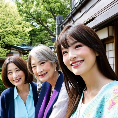 Three 80-year-old Japanese female idols、looking at the camera、casual clothes、Angle from below