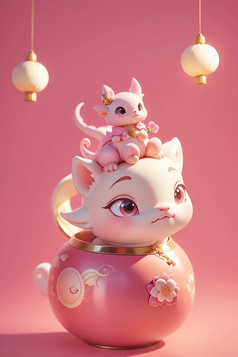 Q version，Cute baby dragon，Chinese style，Pink space，Festive atmosphere，Spring Festival