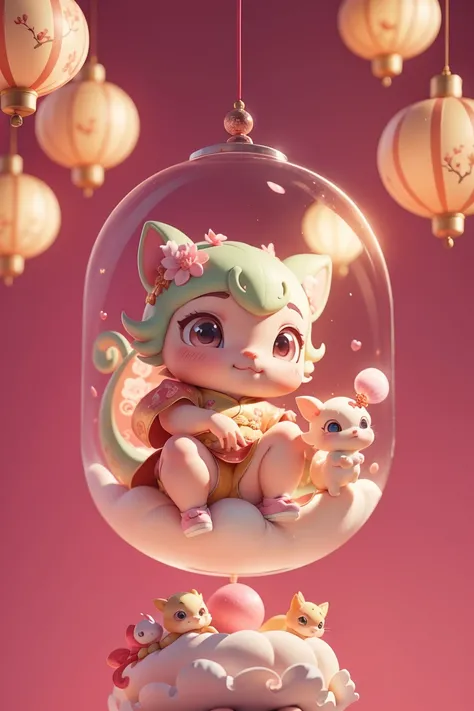 Q version，Cute baby dragon，Chinese style，Pink space，Festive atmosphere，Spring Festival