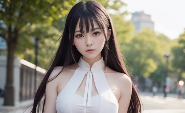 best quality, 8k, Traditional beauty，Beautiful and fine hair and fine face, perfect female face, Smile, happy, beautiful cute girl，with shiny purple hair，Colorful white shirt , Highly detailed facial and skin textures, delicate eyes, Just one person，Chines...