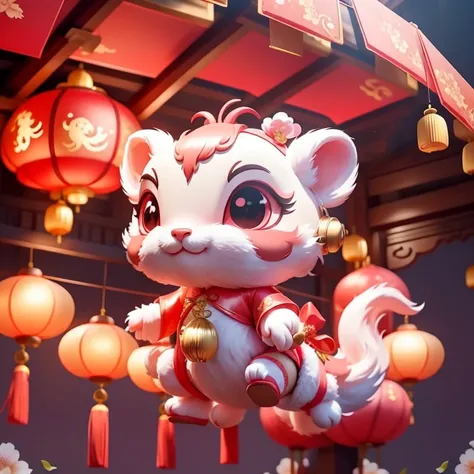 A cute Chinese dragon, Spring Festival，Festive atmosphere，Red pink and light gold styles, Hang red lanterns