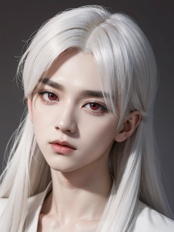 Male albino doll, black hair, red eyes, white eyelashes, white eye brows, kpop, kpop idol, long straight hair 