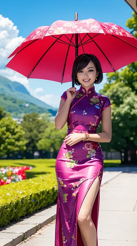 (vibrant),(playful),(qipao),(colorful prints),(energetic pose),(bob haircut),(accessories: umbrella, fan, and flowers),(cheerful expression),(dynamic movement)
