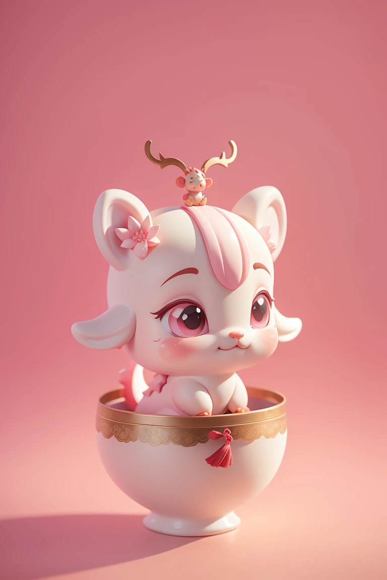 Q version，Cute baby dragon，Chinese style，Pink space，Festive atmosphere，Spring Festival，Cute antlers