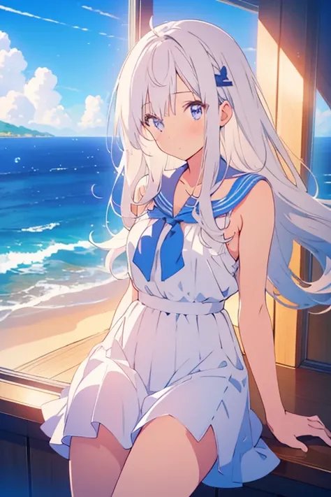 an anime girl, 1 girl looking out over the ocean, ocean, master peace, high definition, perfect face, perfect eyes, white dress,