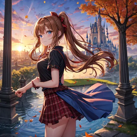 reddish-brown blonde、blue hair、blue eyes、ponytail、one good looking girl、solo、anime、Plaid miniskirt、camisole、black t-shirt、Tilting your face、Doing the ribbon、Ribbon at waist、sunset sky、broken stone steps、Remains、tunnel、Fallen leaves、Light and shadow、monster...