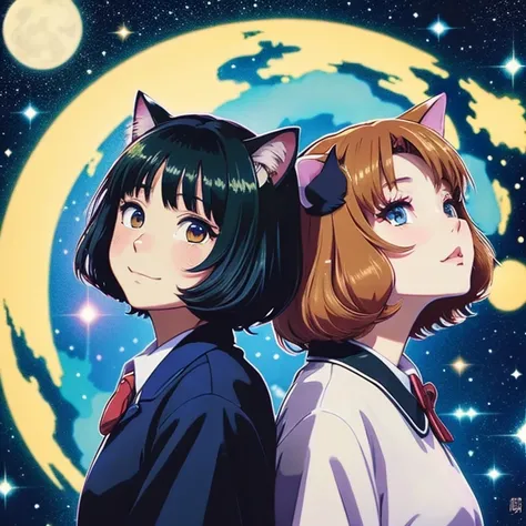 two cat, japanese anime style, the background is a brilliant galaxy, with the Milky way shimmering from left to right, with train, cats is very short hair, wearing a white collared shirt