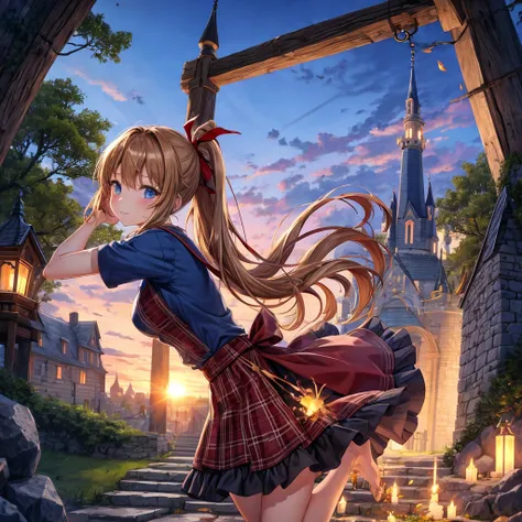 reddish-brown blonde、blue hair、blue eyes、ponytail、one good looking girl、solo、anime、Plaid miniskirt、camisole、black t-shirt、Tilting your face、Doing the ribbon、Ribbon at waist、sunset sky、broken stone steps、Remains、tunnel、Fallen leaves、Light and shadow、monster...