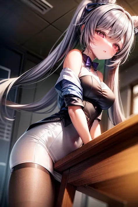 1girl, Table hump, rubbing the perineum, white  shirt, pencil skirt, office, white panty, skirt lift, strap, a table, high ground, multiple boys,Liquid, Thought-provoking,, Masterpiece, Best Quality, Highly detailed, (From Bottom:1.1)