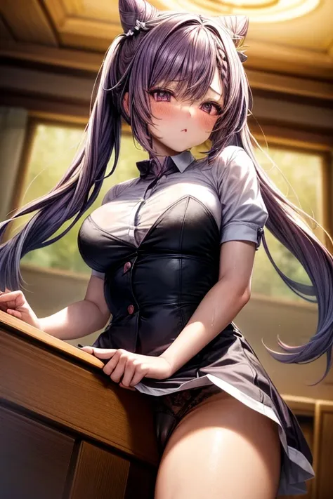 1girl, to-quality, Table hump, rubbing the perineum, long_hair, purple_hair, purple_eyes, hair_bun, cone_hair_bun, twintails, bangs, double_bun, breasts, hair_ornament, blush, braid, medium_breasts, crotch rub, table humping, from below, nurse unifrom, str...