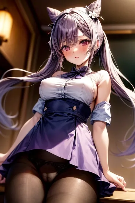 1girl, to-quality, Table hump, rubbing the perineum, long_hair, purple_hair, purple_eyes, hair_bun, cone_hair_bun, twintails, bangs, double_bun, breasts, hair_ornament, blush, braid, medium_breasts, crotch rub, table humping, from below, nurse unifrom, str...