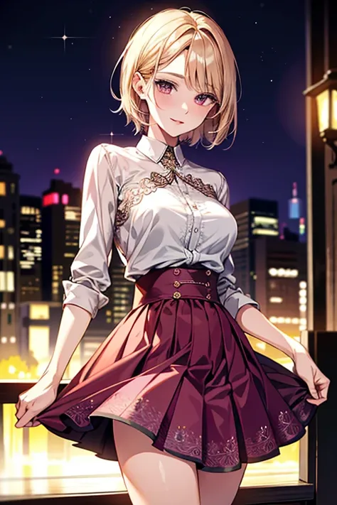 beautiful woman, 32 years old, short blonde hair, sparkling brown eyes, and , and a purple and pink blaser, skirt, and白い背景, intricate details,