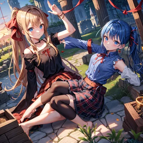 reddish-brown blonde、blue hair、blue eyes、ponytail、one good looking girl、solo、anime、Plaid miniskirt、camisole、sitting、black t-shirt、Tilting your face、Doing the ribbon、Ribbon at waist、sunset sky、broken stone steps、Remains、tunnel、Fallen leaves、Light and shadow...