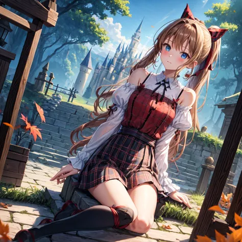 reddish-brown blonde、blue hair、blue eyes、ponytail、one good looking girl、solo、anime、Plaid miniskirt、camisole、sitting、black t-shirt、Tilting your face、Doing the ribbon、Ribbon at waist、sunset sky、broken stone steps、Remains、tunnel、Fallen leaves、Light and shadow...